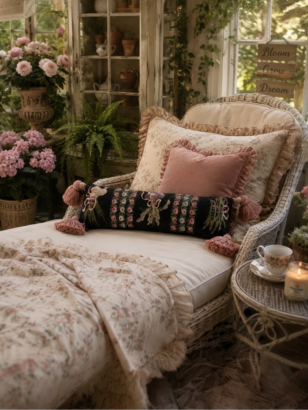 Embroidered Floral Bolster Pillow with Tassels - Botanical Garden Cottagecore - Picture 8 of 8